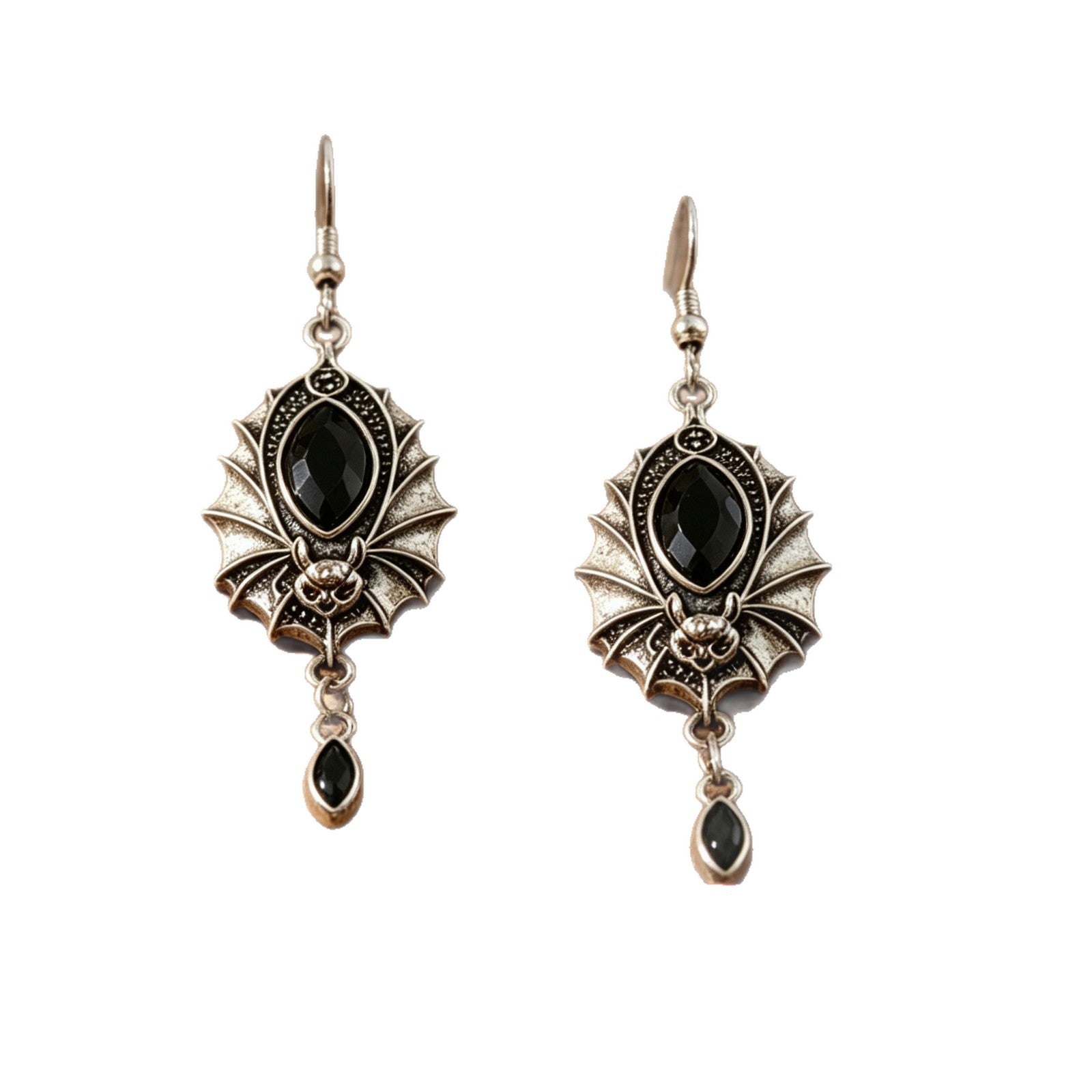 Wholesale Antique Silver Plated Bat Earrings,  Black Crystal Gothic  Witch Style,  Boutique Resale Jewelry Accessory