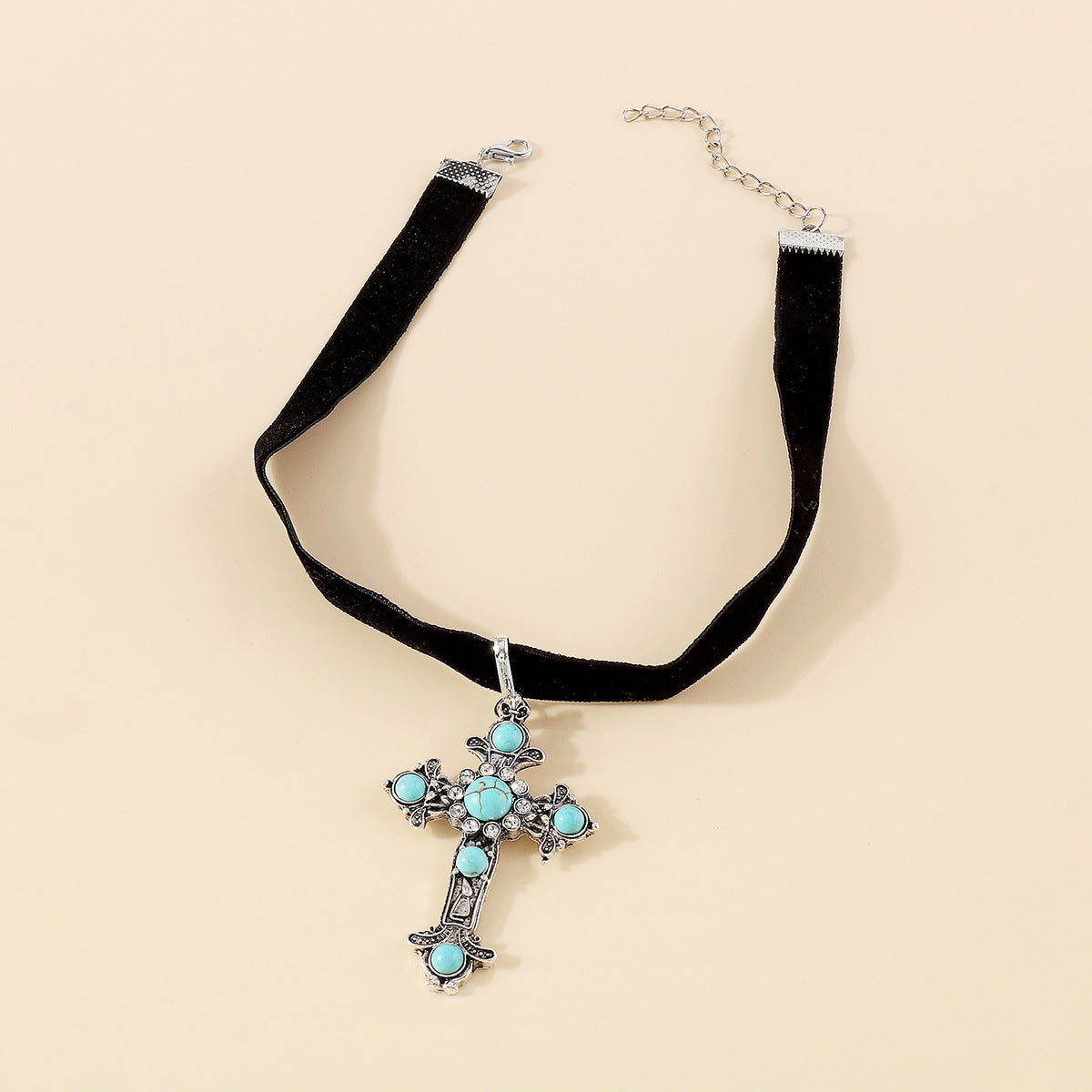 Wholesale Ancient Silver Cross Pendant Necklace Niche Retro Diablo Punk Turquoise Necklace