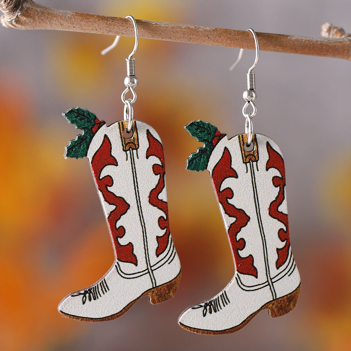 Wholesale Western Bohemian Flower Cowboy Boots Pendant Wood Earrings ACC-ES-ChuLian081