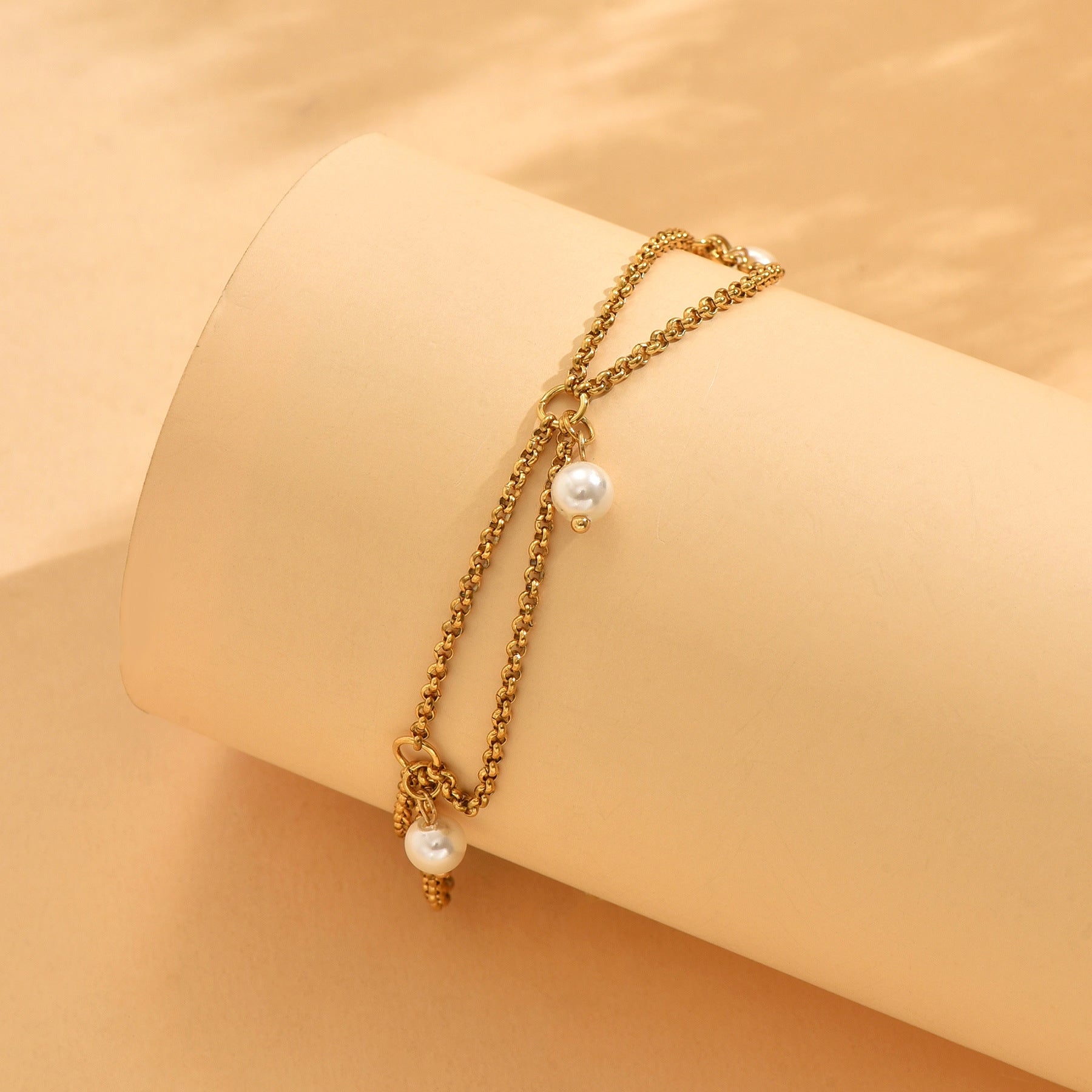 Wholesale Titanium Steel 18K gold shell bead tassel pendant anklet