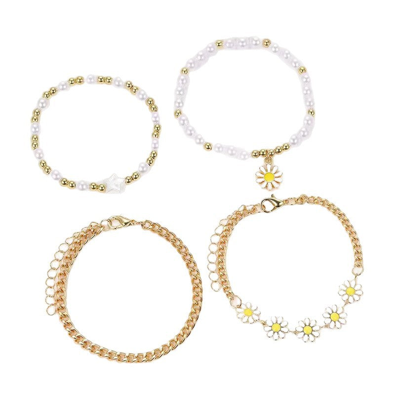 Wholesale Bohemian Beach Bracelet Set 4-Piece Handmade Gold Bead Pearl Fashion Accessory for Everyday Wear Boutique Resale