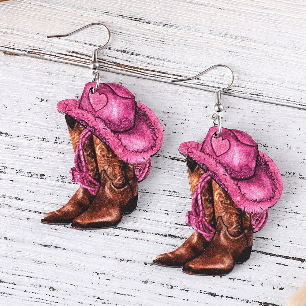 Wholesale Western Style Pink Denim Hat Cowboy Boots Pendant Earrings