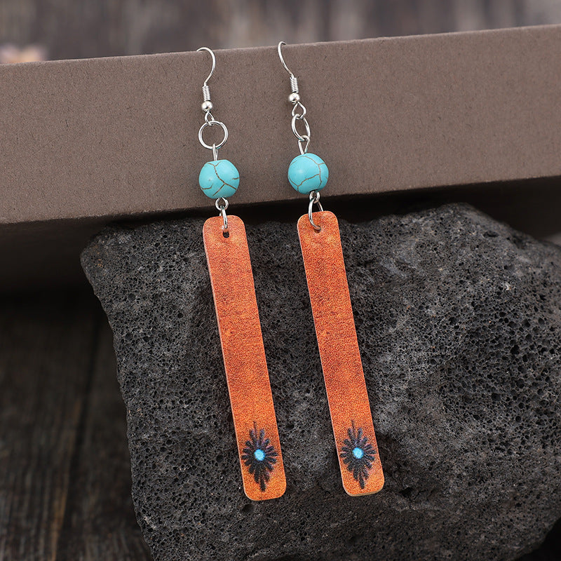 Wholesale Retro Style Turquoise ing Rectangular Long Pendant Leather Earrings Party Wear Fashion Accessory