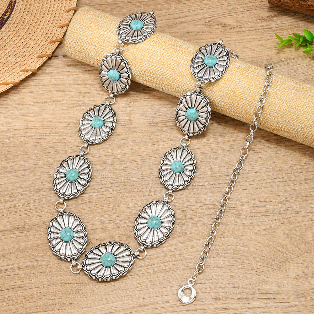Wholesale Metal turquoise vintage carved waist chain