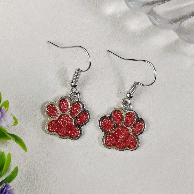 Wholesale Colorful Glitter Oil Dripping Dog Paw Earrings