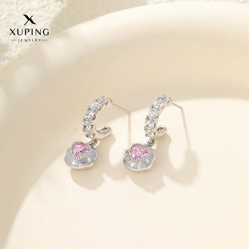 Wholesale  inlaid zircon pink love sweet heart earrings