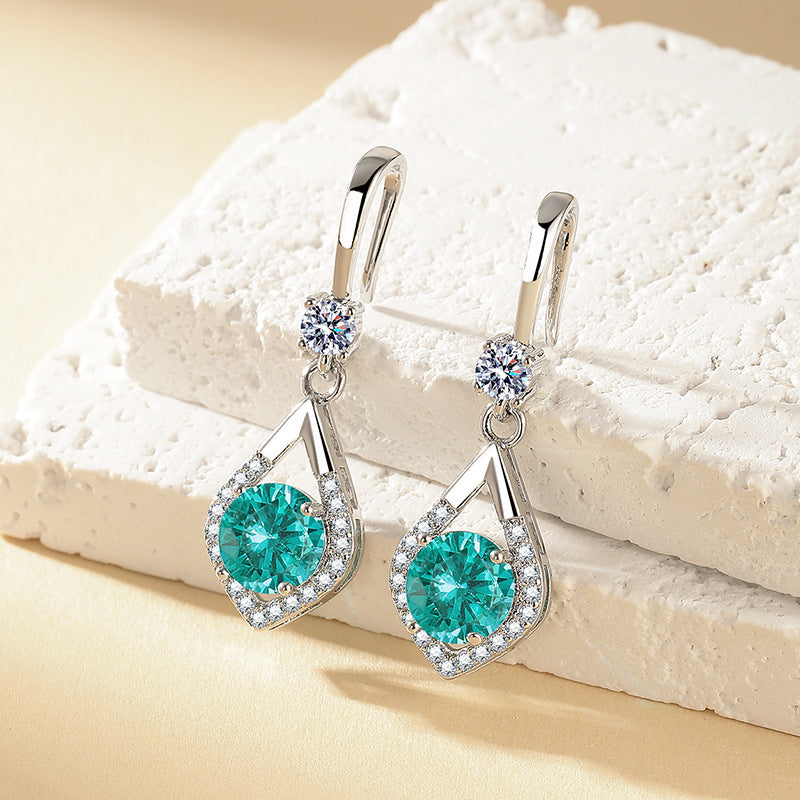 Wholesale Sparkling Simulated Blue-Green Moissanite Large Diamond Long Teardrop Earrings
