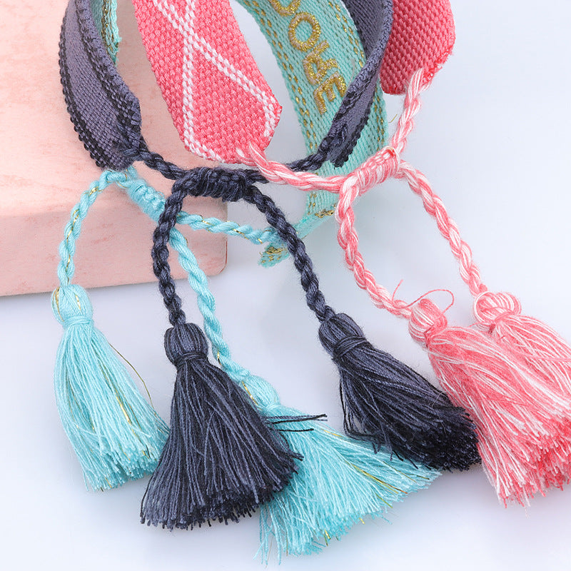 Wholesale Braided letter embroidered tassel bracelet