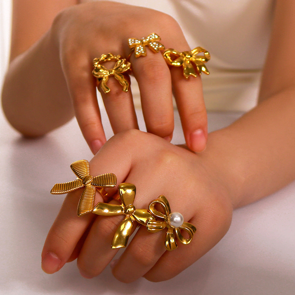 Wholesale Bow Stainless Steel Zircon Textured Rings Set ACC-RS-Xiny009