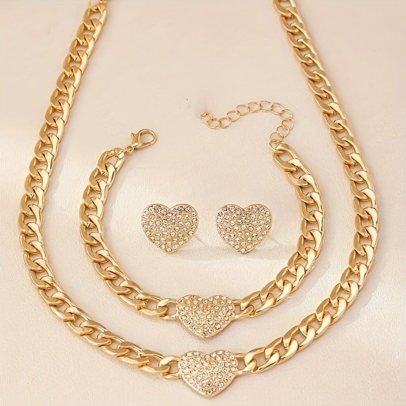Wholesale Trendy Gold Heart Cuban Chain Jewelry Set Fashion Earrings Necklace Bracelet Set For Women Everyday Jewelry Accessory Gift