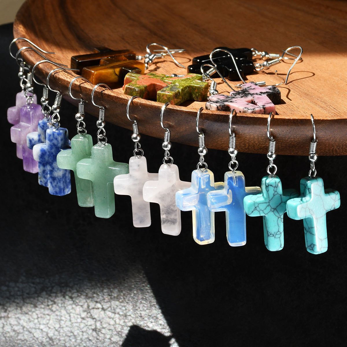 Wholesale Green Aventurine Cross Pendant Earrings Retro Style Handmade Fashion Accessory for Women Gift
