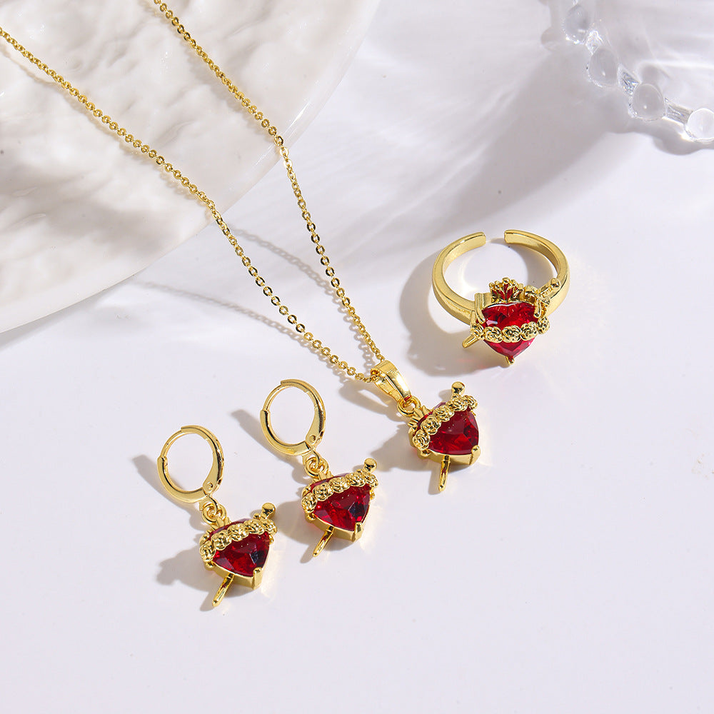 Wholesale Copper Rose Red Heart Zircon Necklace Pendant Earrings Ring