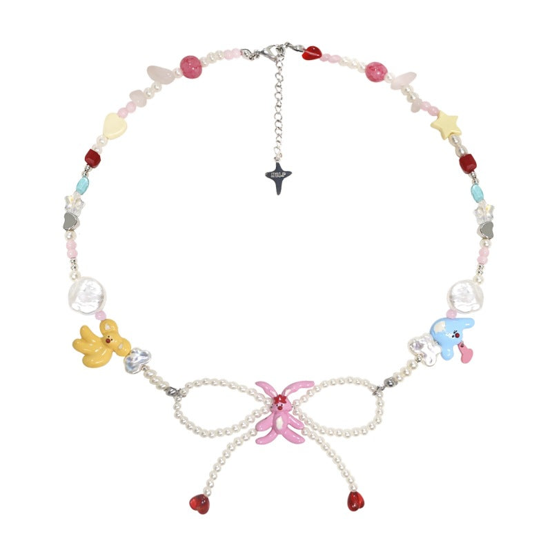 Wholesale Beaded Bow Stainless Steel Girls Adjustable Necklace