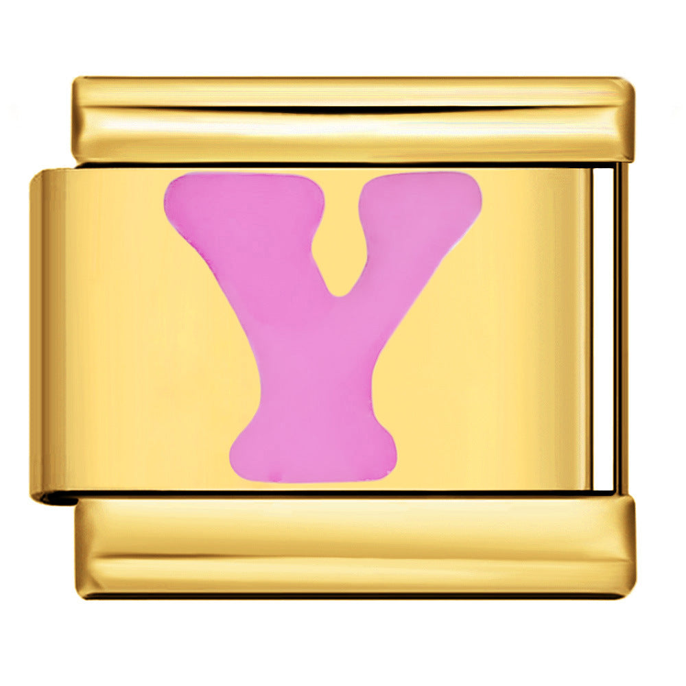 Wholesale Italian Charm Bracelet 9mm DIY All-Gold Concave Pink Letter   Creative Stainless Steel Composable Bracelet