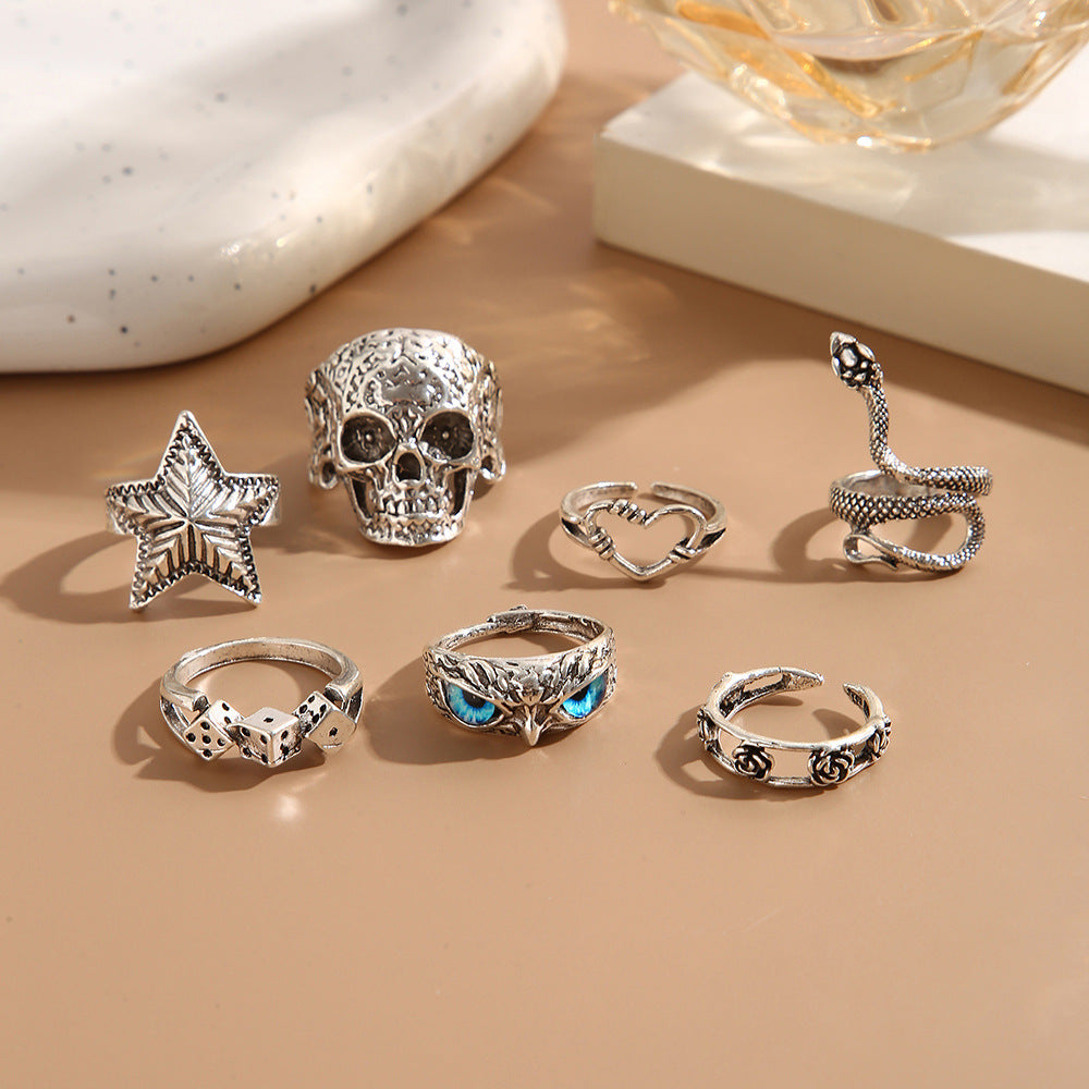 Wholesale  creative simple ring set retro skull snake starfish 7-piece rings