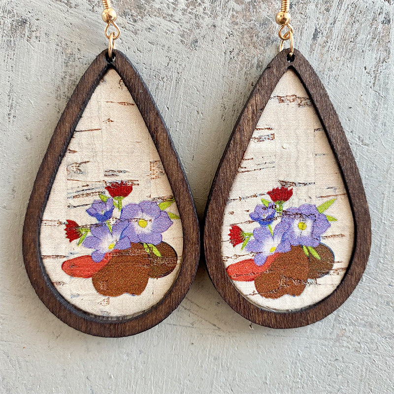 Wholesale 2 pairs/ pack leather and wood-framed printed earrings