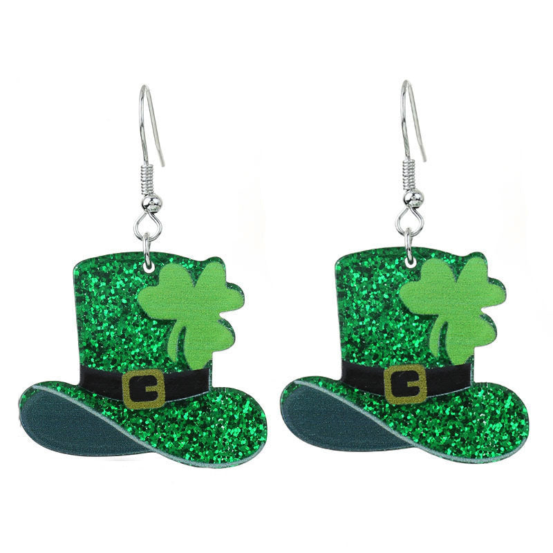 Wholesale St. Patrick's Day Green Four Leaf Clover Hat Earrings