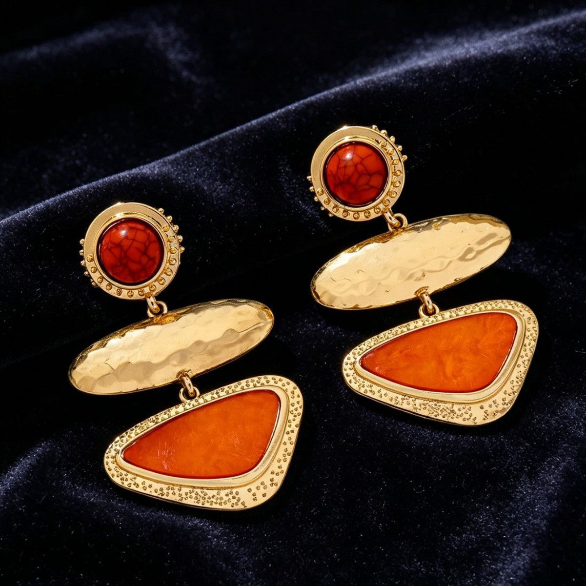Wholesale Retro Geometric Orange Drop Earrings Gold Hammered Zinc Alloy Triple Layer Stylish Women S Jewelry Accessory