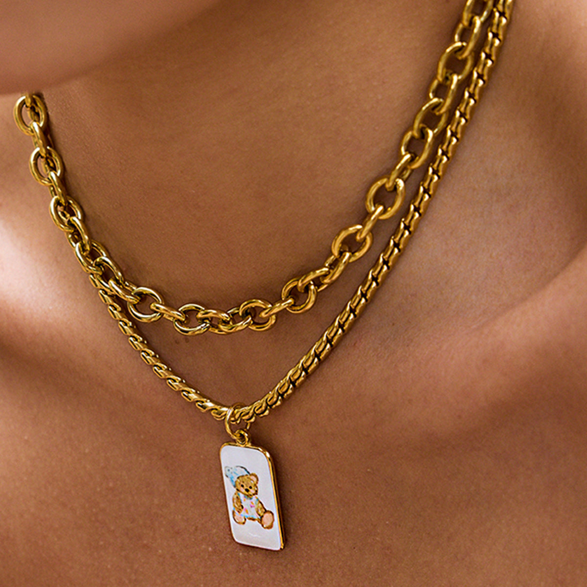 Wholesale 18K Gold Stainless Steel Oil Drop Printed Bear Pendant Necklace