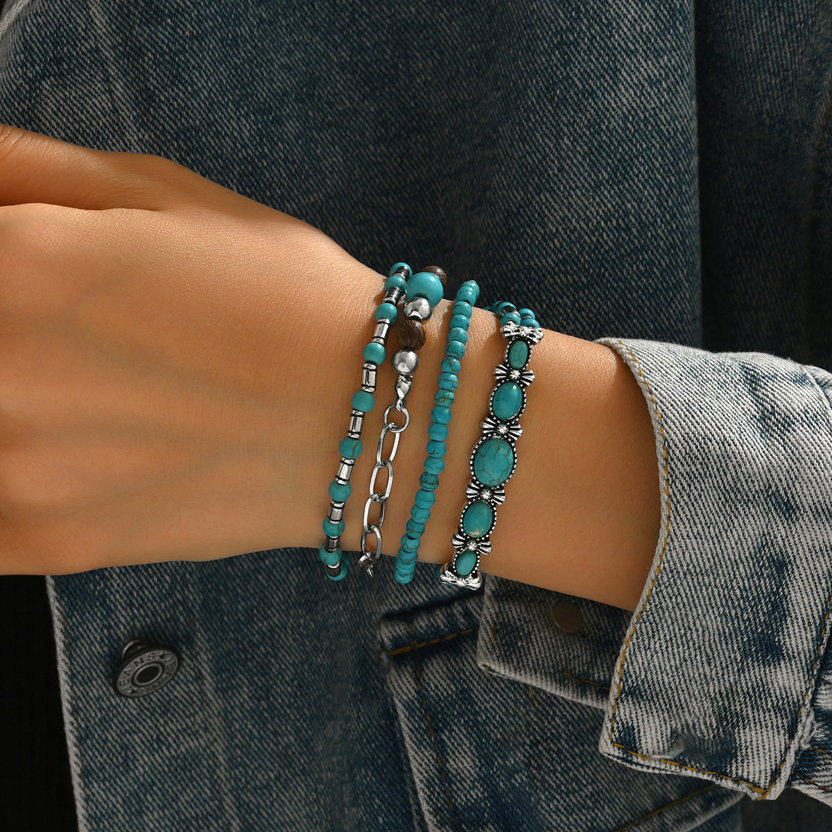 Wholesale Retro Cowboy Turquoise Bracelet Set Women S Handmade Engraved Metal Jewelry 5 Piece Gift Everyday Wear