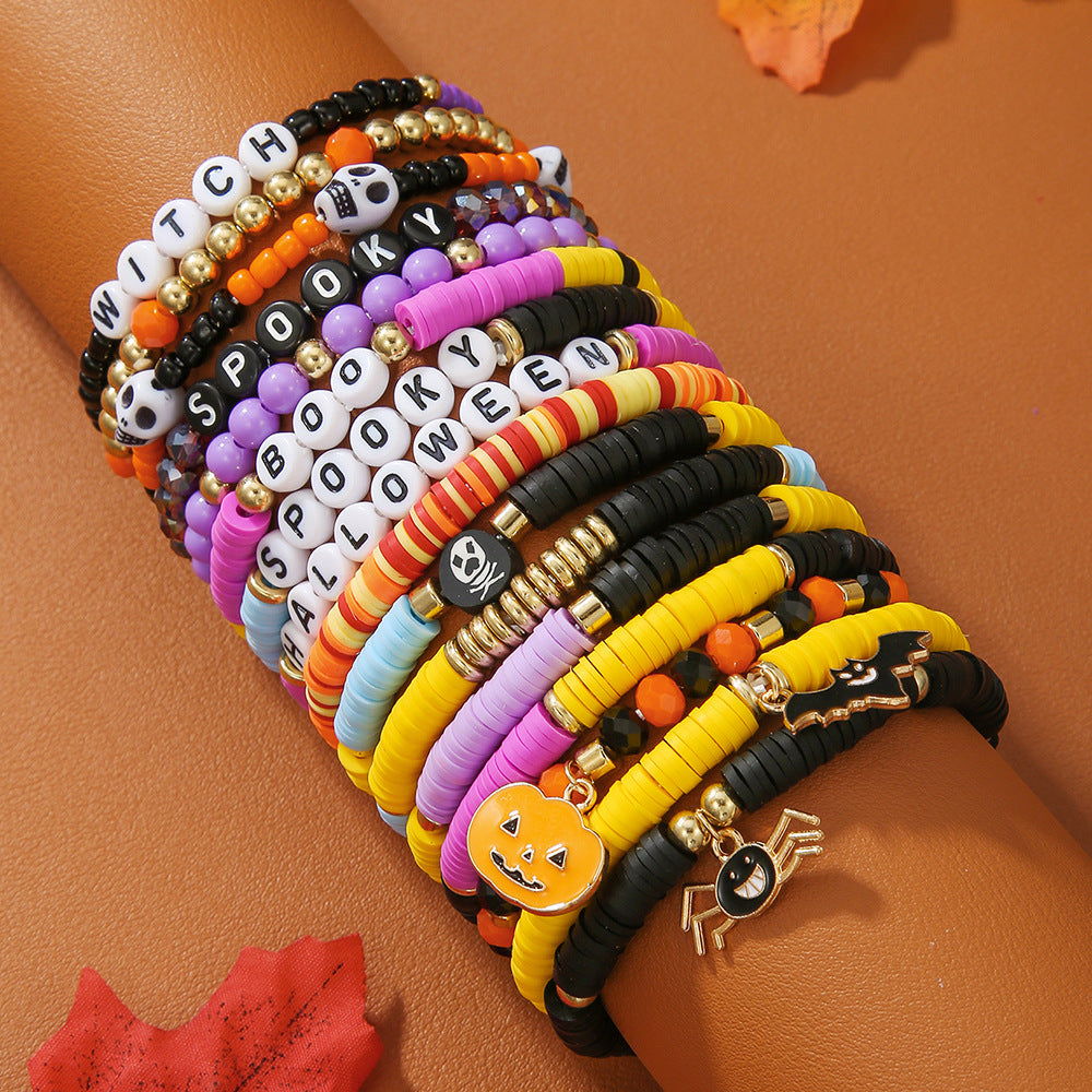 Wholesale Alloy Electroplated  Beaded Bracelet Set with Pumpkin Skull Charms,  Fashion Gift for Women Boutique Resale
