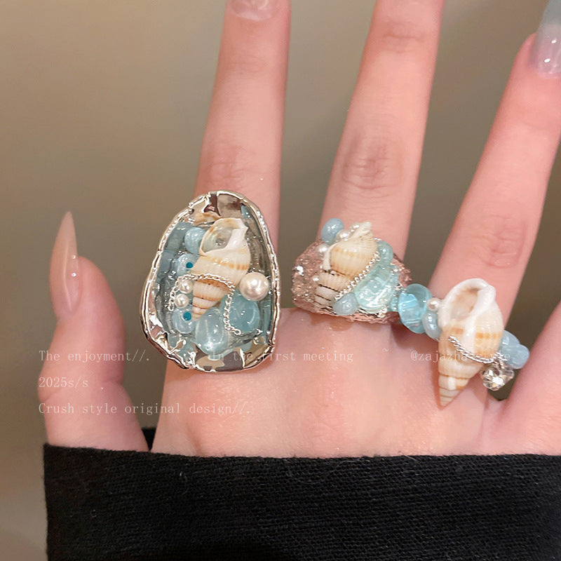 Wholesale Shell Beaded Geometric Open Ring - Sea Breeze Vacation Style Jewelry Accessory for Women
