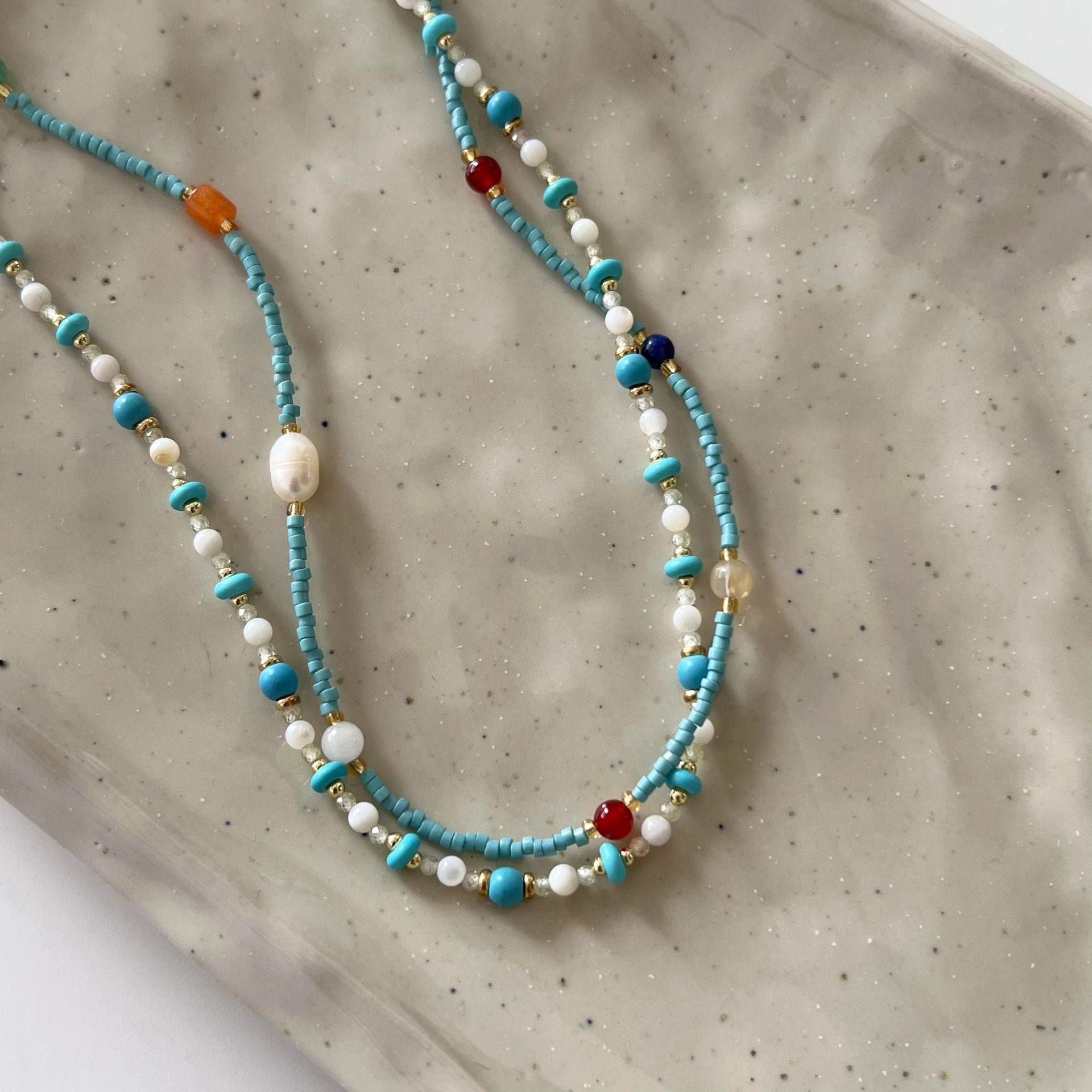 Wholesale Colorful Light Luxury Turquoise and Pearl Beaded Clavicle Necklace