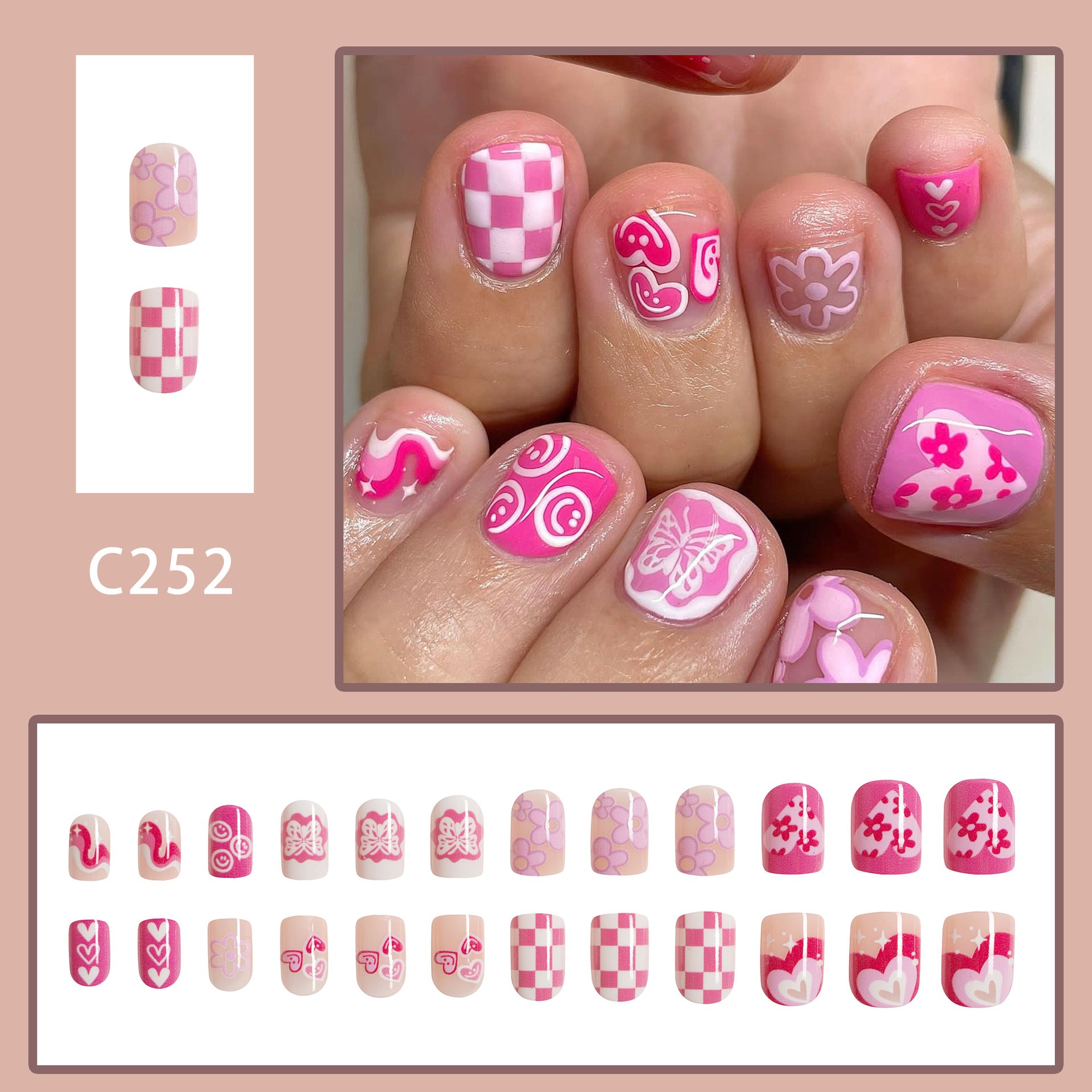 Wholesale 24 Pieces/box Nail Stickers Pink Plaid Flower Butterfly Love Manicure Press-on Nails Kits ACC-NS-GuaiXL005