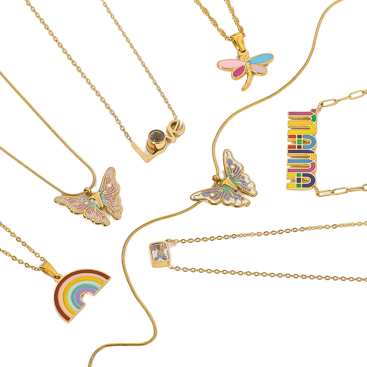 Wholesale Stainless Steel Plated 18k Gold Oil Drop Butterfly Rainbow Love Color Necklaces ACC-NE-XinY009