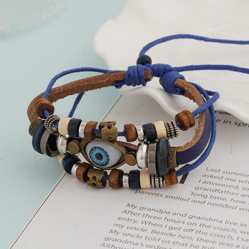 Wholesale Vintage Multi-layered Cowhide Eye Braided Bracelet Leather Layered Bracelet Set ACC-BT-Pufei004