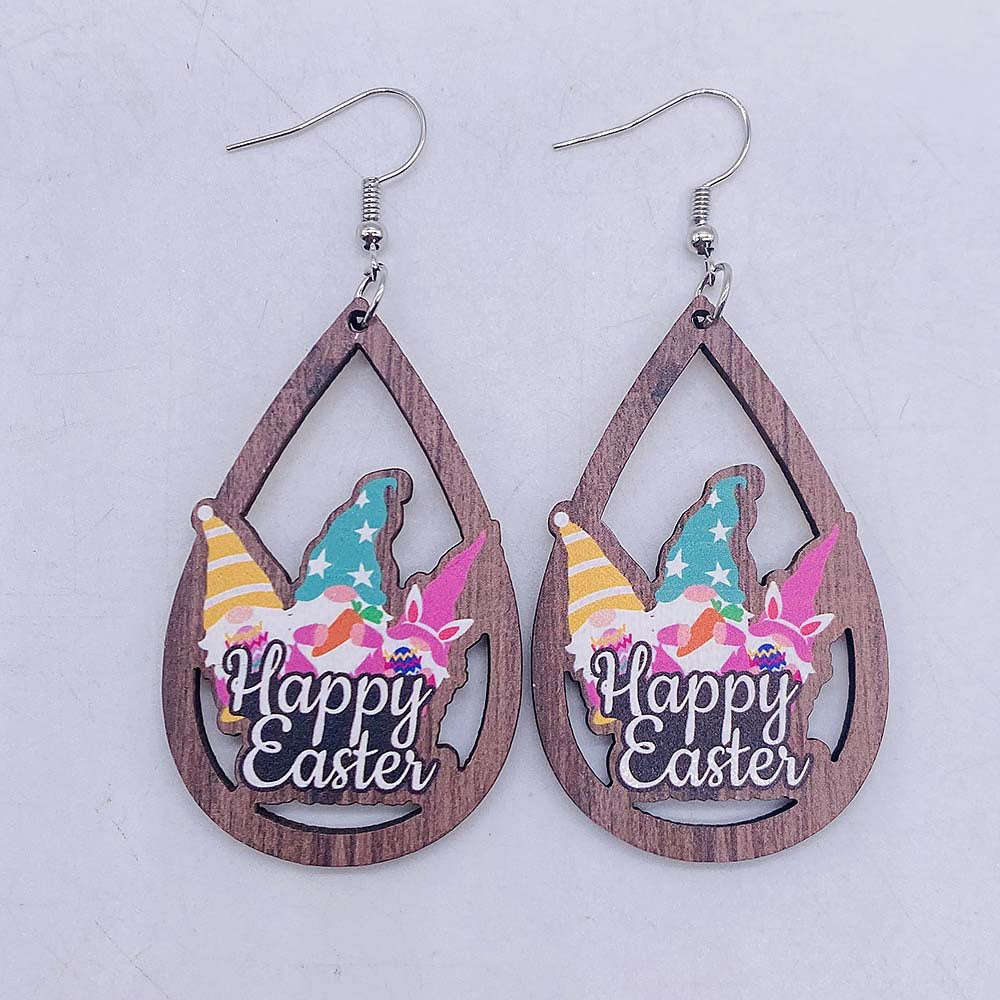 Wholesale Easter Egg Dwarf Rabbit Water Drop Hollow Wooden Earrings ACC-ES-CY003