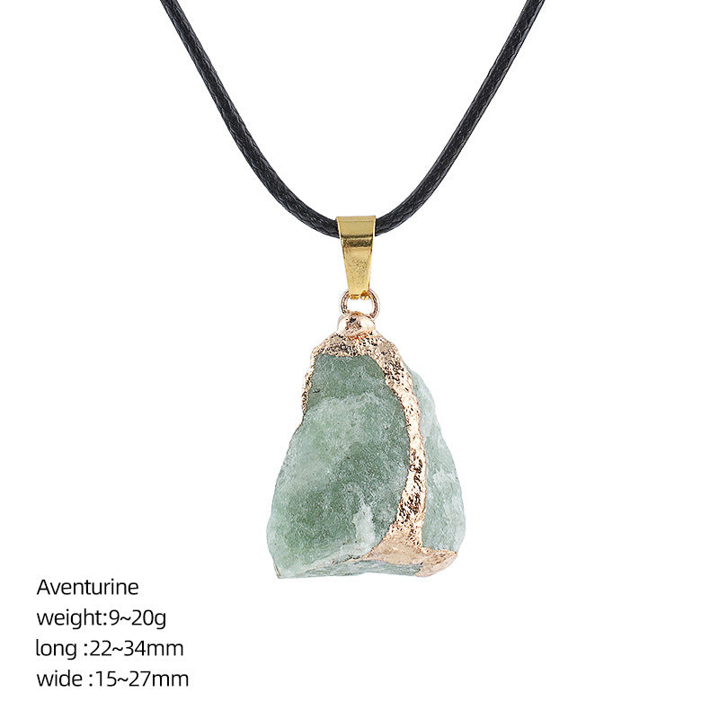 Wholesale Natural Crystal Raw Stone Pendant Necklace with Leather Rope Chain Irregular Hand-Hammered Electroplated Fashion Jewelry