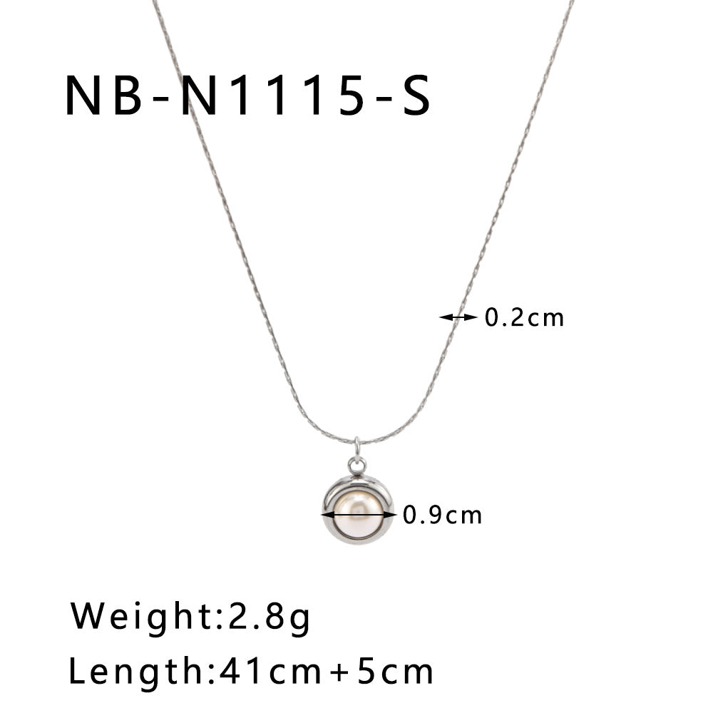 Wholesale Pearl Pendant Stainless Steel Necklace Round Carved Love Pattern Simple Clavicle Chain