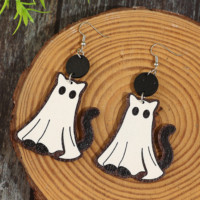 Wholesale  Cute Ghost Cat Wooden Earrings