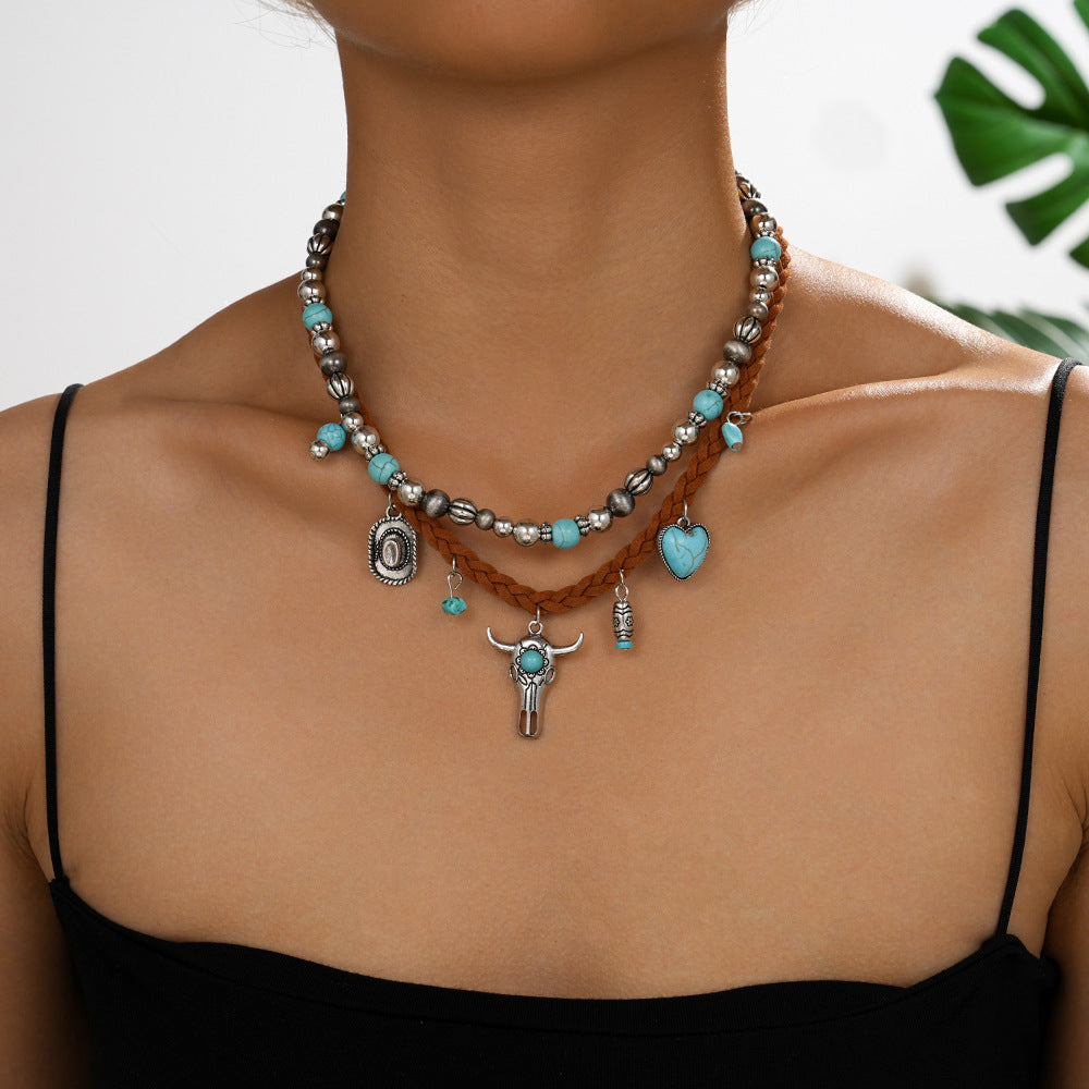 Wholesale  Buckle Velvet Turquoise Inlaid Double-Layer Necklace Western Cowboy Style Retro Bull Head Necklace