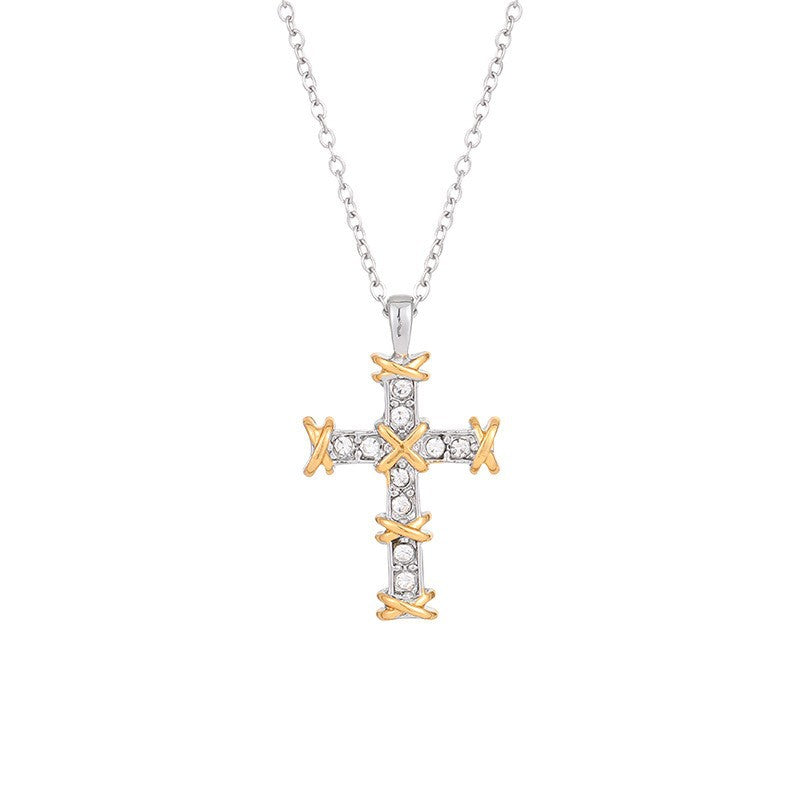 Wholesale Cross Plated Two Tone Cross Diamond Necklace ACC-NE-YunJ006