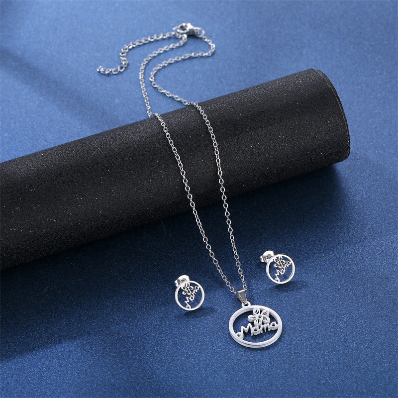 Wholesale Titanium Steel MAMA Flower Pendant Stainless Steel Earrings Necklace Set Mother's Day ACC-ES-MinM016