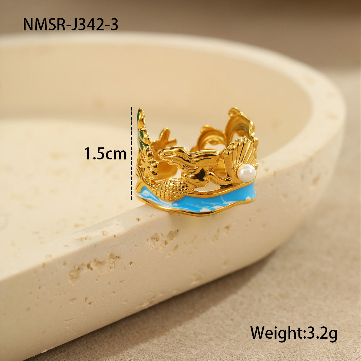 Wholesale Ocean Style Mermaid Pearl Ring Stainless Steel Gold-Plated Open Ring
