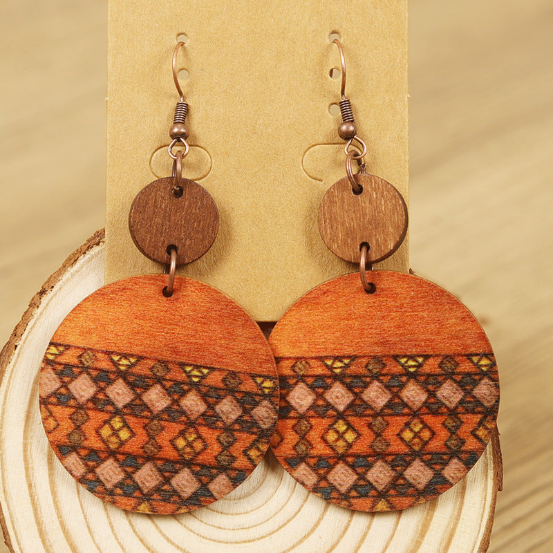 Wholesale  Bohemian Style  Flower Pattern Wooden Disc Splicing Women's Wooden Earrings