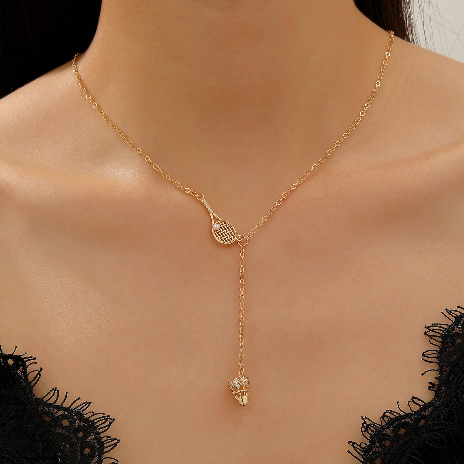 Wholesale Alloy Electroplated Tennis Racket Necklace Micro Zircon Punk Retro Unisex Jewelry Accessory
