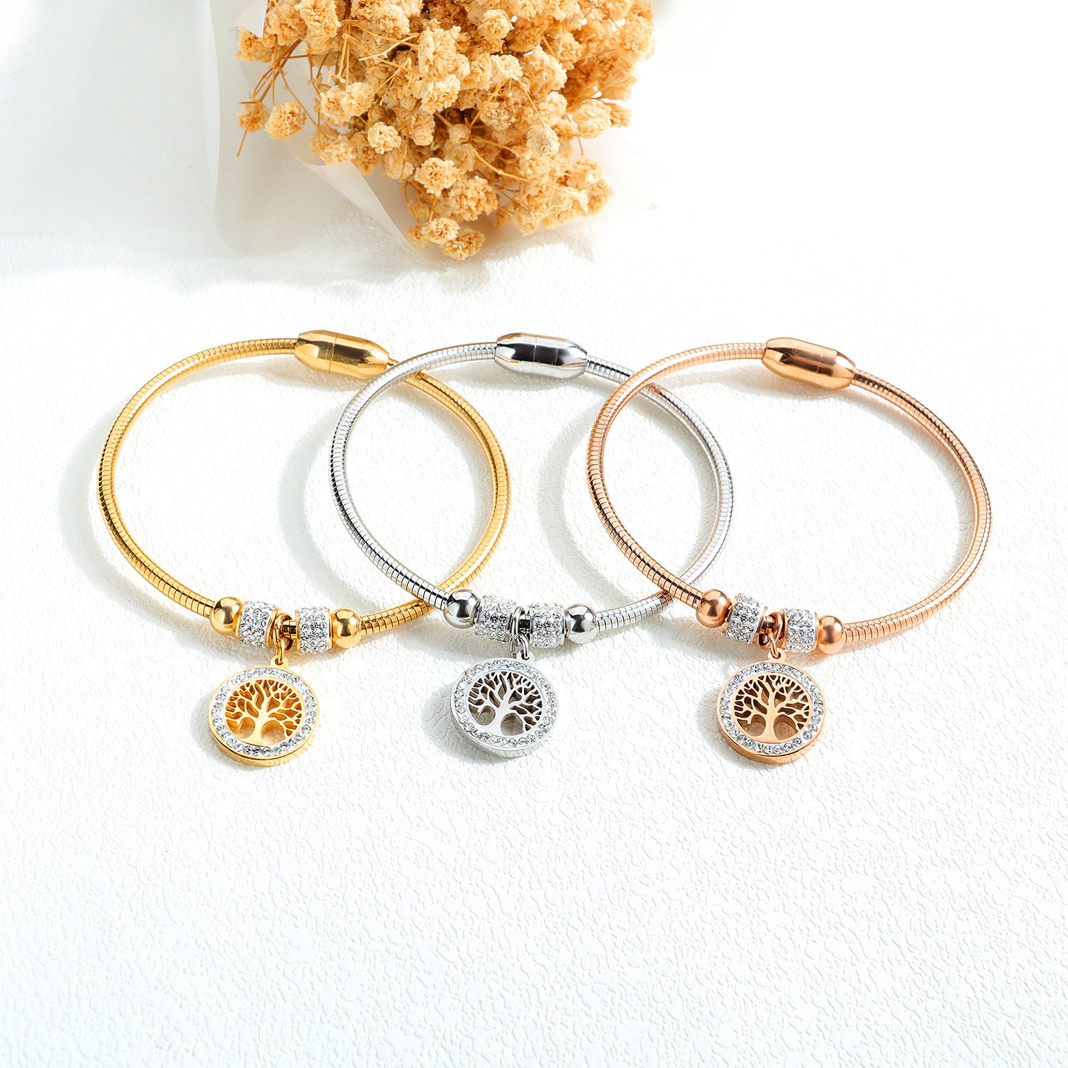 Wholesale diamond tree of life titanium steel bracelet