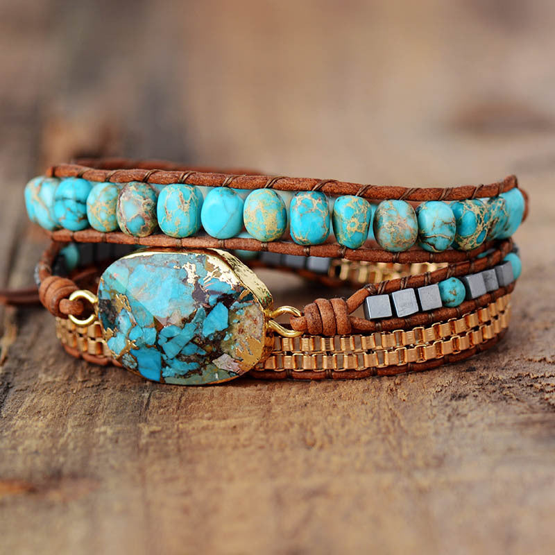 Wholesale Bohemian Style Emperor Stone Cut Angle Turquoise Hand-woven Triple Wrap Leather Cord Bracelets ACC-BT-LZ010