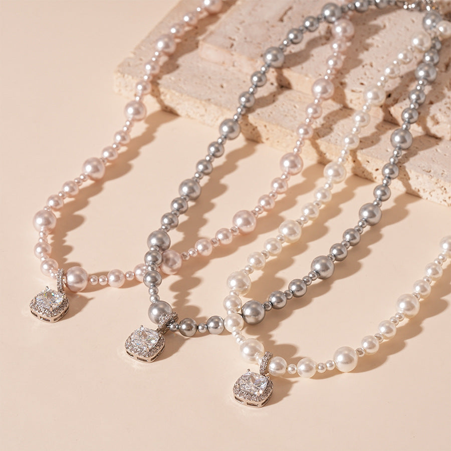 Wholesale Retro Zircon Square Size Pearl Clavicle Necklace