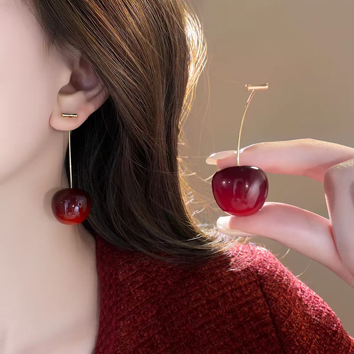 Wholesale Trendy Dark Red Cherry Fruit Earrings Women S Round Stud Earrings Alloy Electroplated Sweet Everyday Jewelry Accessory For Resale