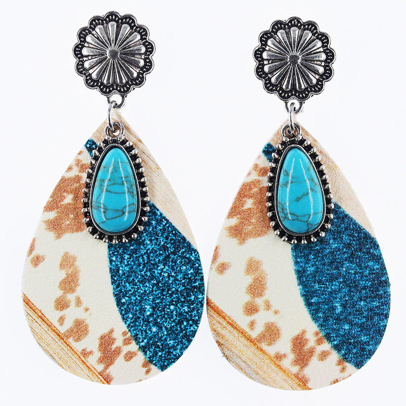 Wholesale Western Denim style leopard print alloy turquoise leather earrings
