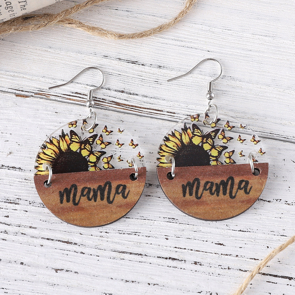 Wholesale Mother's Day MAMA Sunflower Butterfly Stitching Pendant Earrings