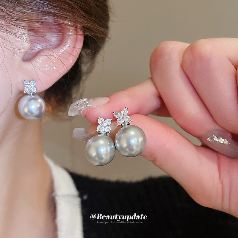 Wholesale Real Gold  Silver Needle Zircon Flower Pearl Earrings