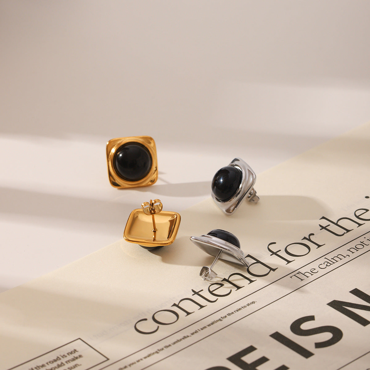 Wholesale  Stainless Steel 18K Gold Inlaid Obsidian Small Square Earrings