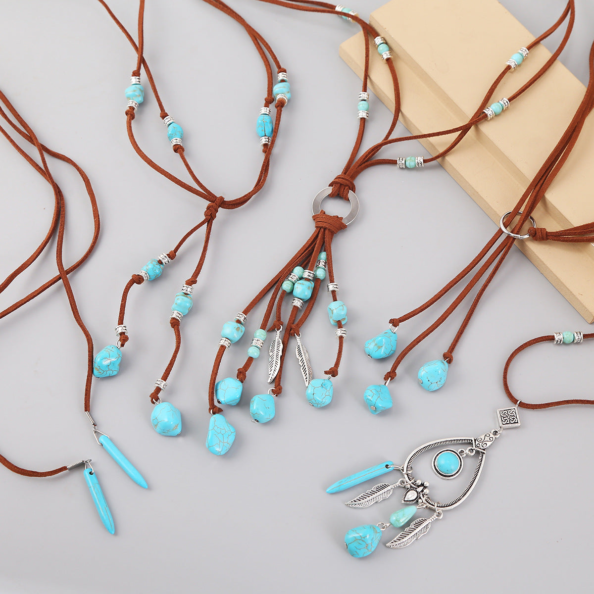 Wholesale Bohemian Turquoise Vintage Leather Necklace Sweater Chain