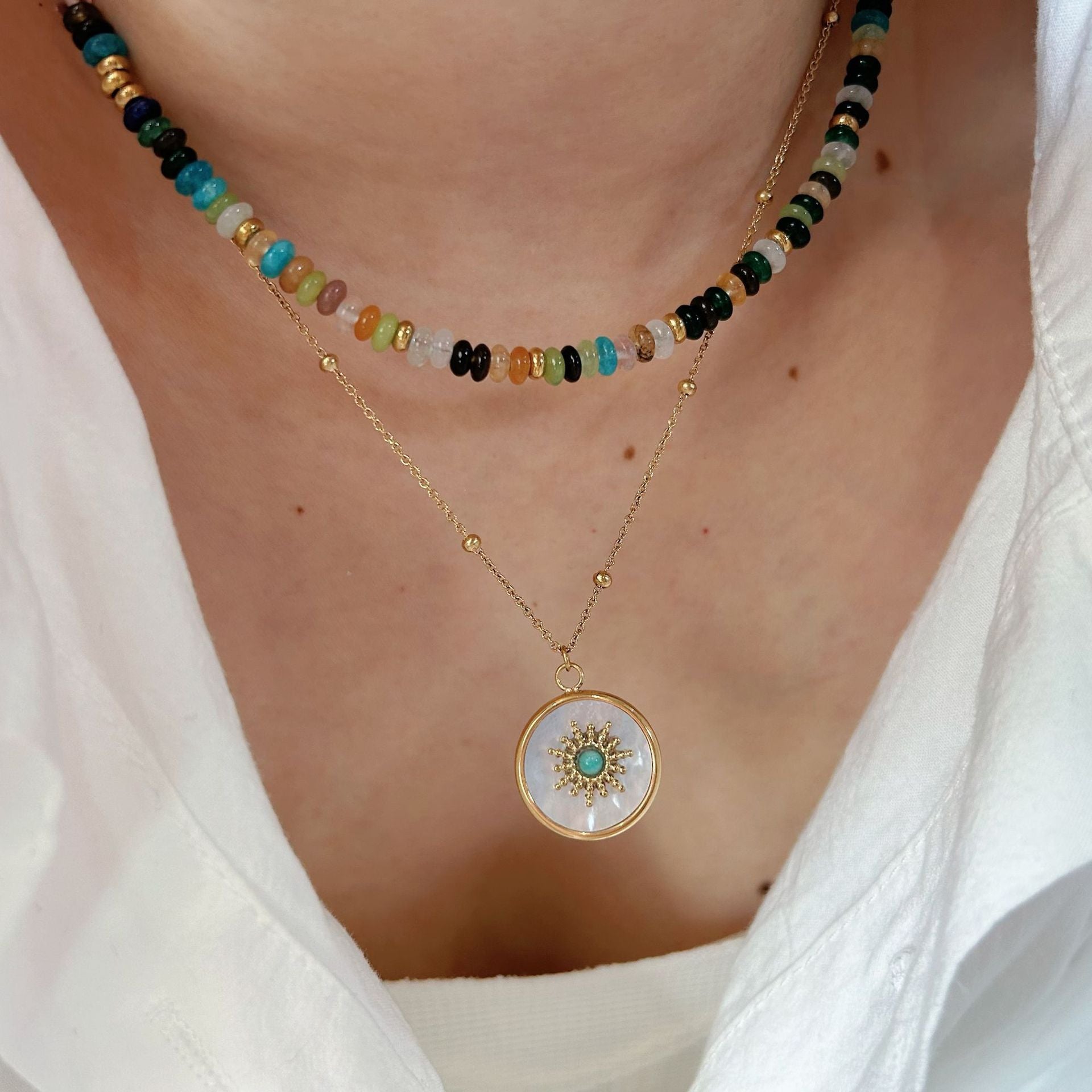 Wholesale color abacus beads necklace natural stone stainless steel white shell handmade chain